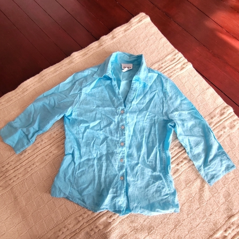 David N 100% Linen 3/4 Sleeve Button Down Blouse size M Turquoise